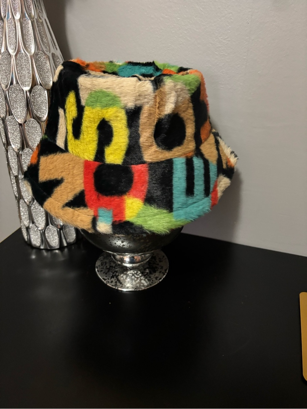 Colorful Faux Fur Bucket Hat - Multicolor Graphic Print